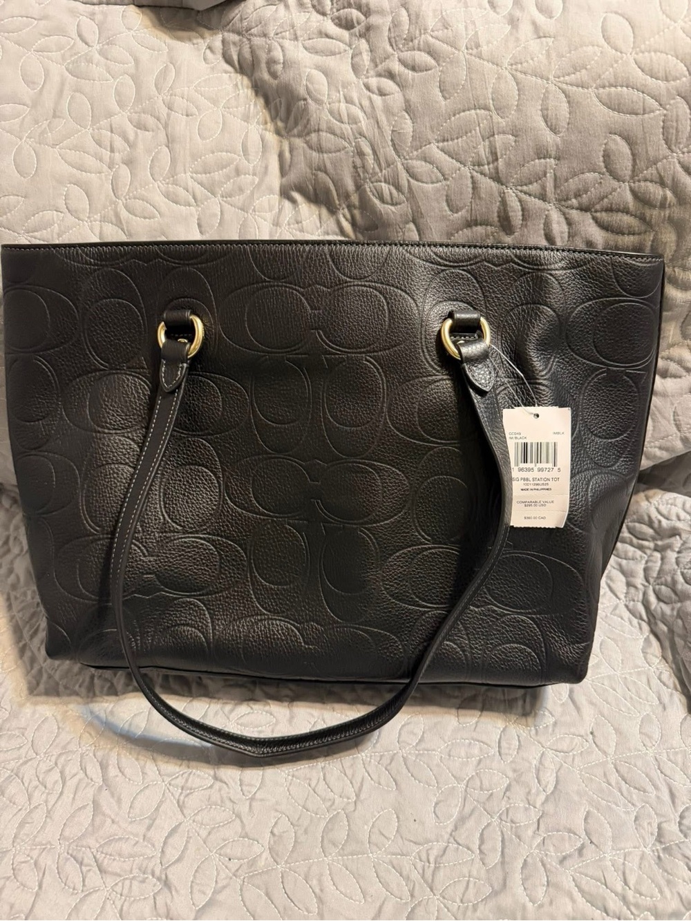 Coach Black Embossed Signature Leather Tote with Gold Hardware